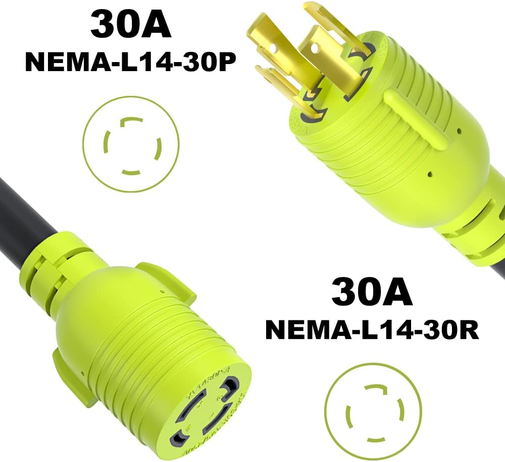 4 Prong 30 Amp Generator Extension Cord, NEMA L14-30P/L14-30R 10 Gauge SJTW, Twist Lock Plug, 125/250V, 30Amp 7500W, 25FT, Pack of 2 A438
