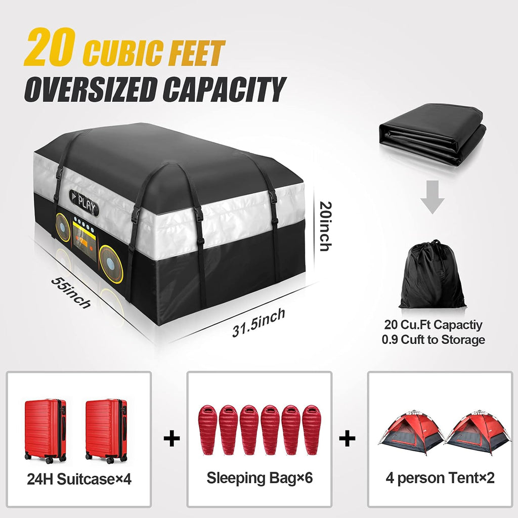 Rooftop Cargo Carrier Bag, 20 Cubic Feet Heavy Duty 100% Waterproof Car Roof Bag with Anti-Slip Mat, 6 Door Hooks, Storage Bag J775567