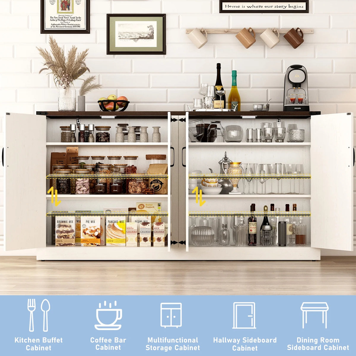 White-Brown 4 Barn Doors Buffet Cabinet with Adjustable Shelves X638