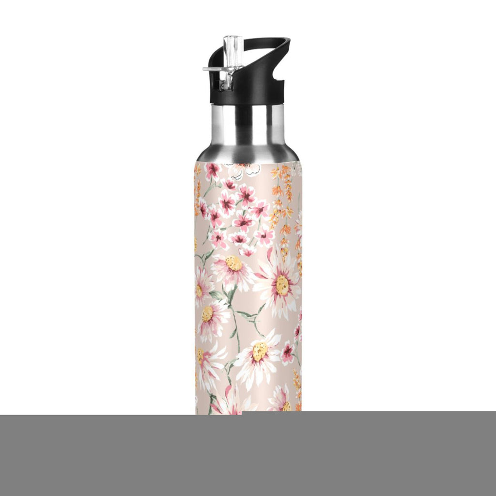Pink Floral Stainless Steel Insulated Water Bottle with Straw Lid T66847