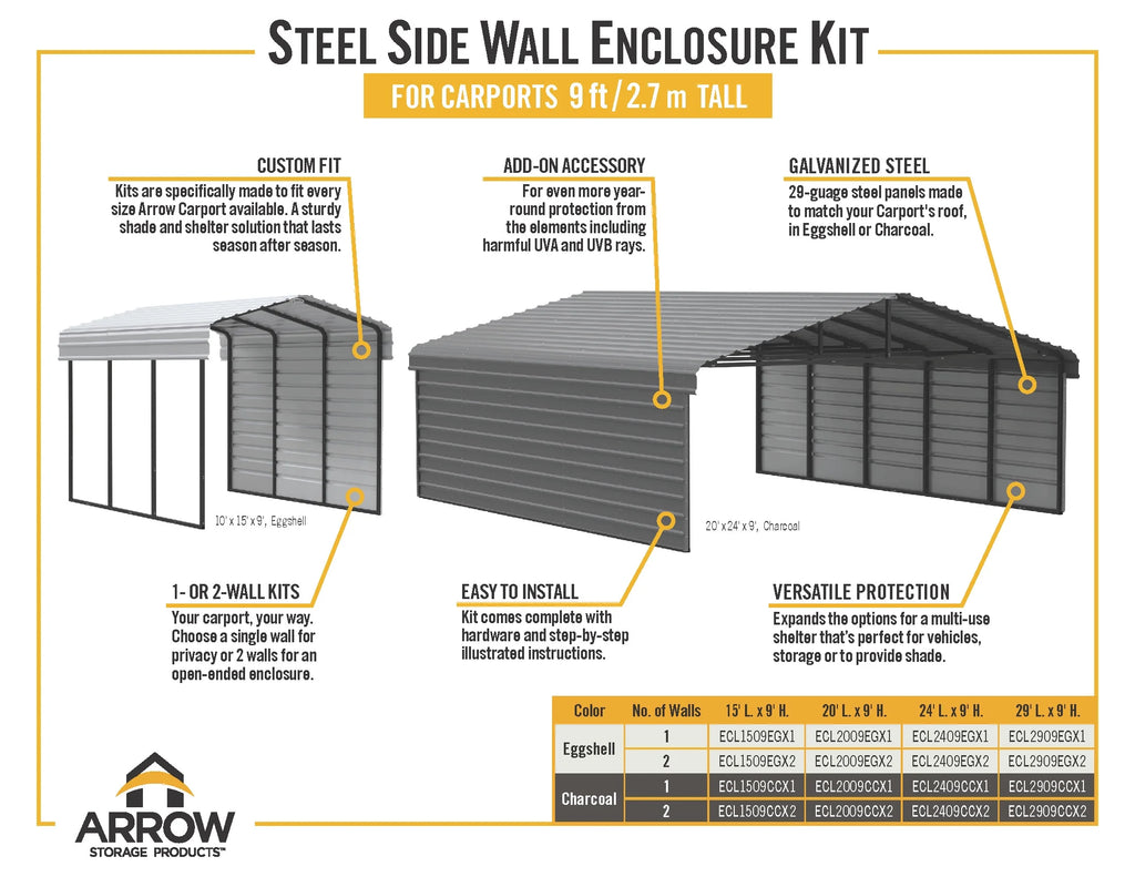 Galvanized Steel Carport Kit, 10' x 20' x 9' H811