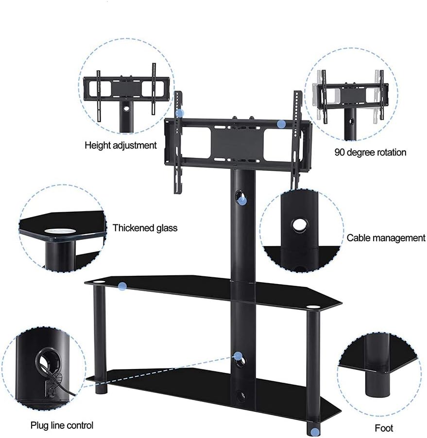 Swivel Floor TV Stand with Tempered Glass Shelf, Black B46626