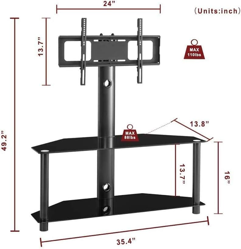 Swivel Floor TV Stand with Tempered Glass Shelf, Black B46626