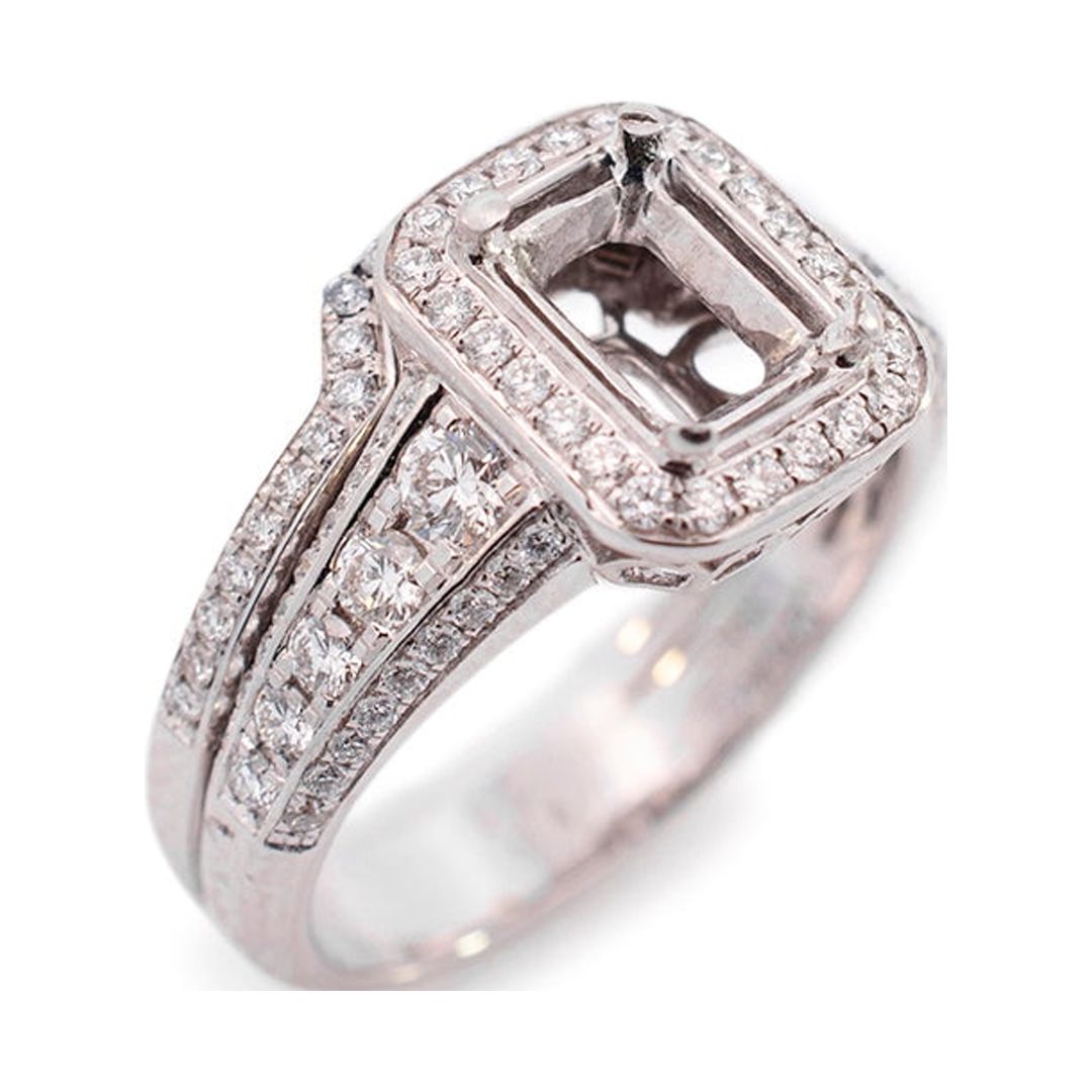 18K White Gold Rectangle Halo Diamond Engagement Ring L49496