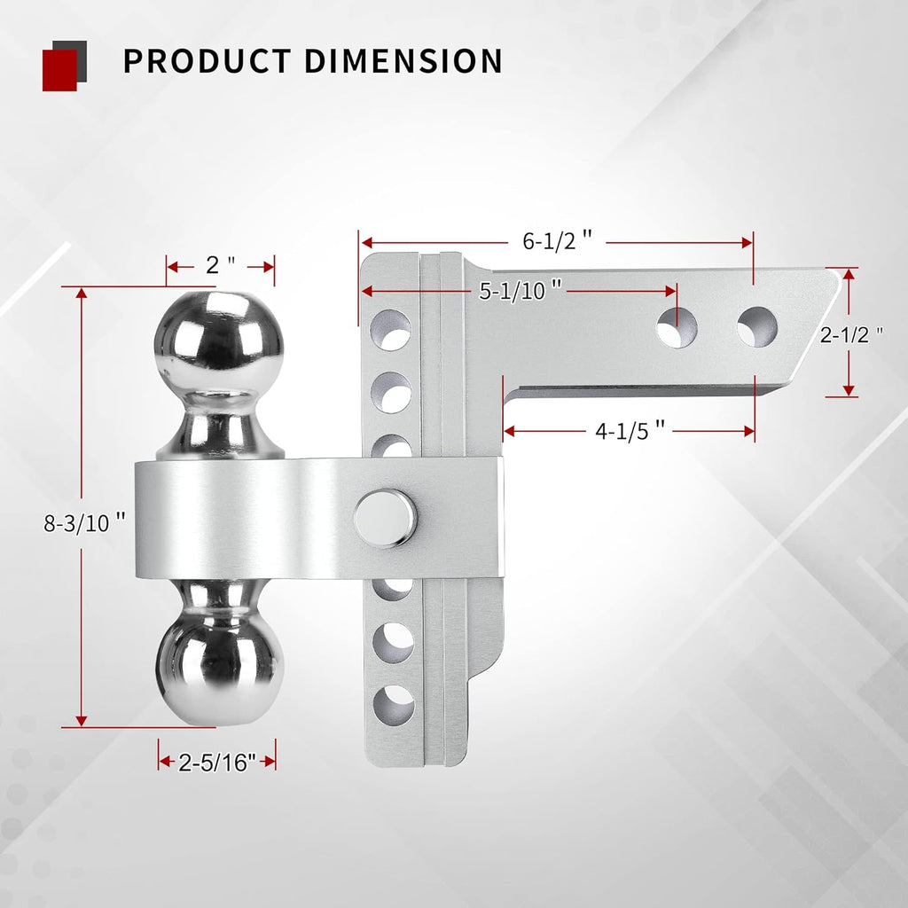Adjustable Trailer Hitch Ball Mount, 2.5-Inch Receiver, 6-Inch Drop, Forged Aluminum Shank, 2-Inch and 2-5/16-Inch Combo Stainless Steel Tow Balls with Double Pin Key Locks N870