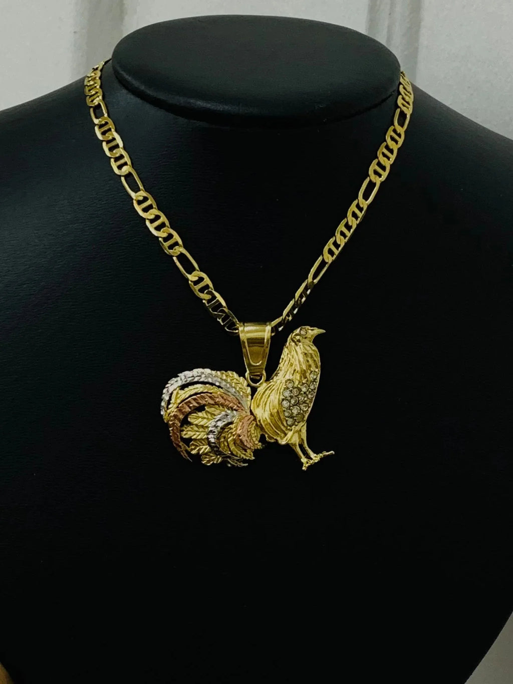 14K Solid Gold Filled Rooster Necklace Pendant CZ Mariner Chain 24" L489823