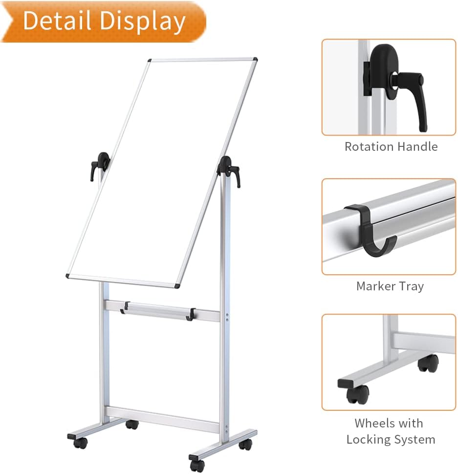 Double-sided Magnetic Mobile Whiteboard, 48 x 24 Inches, Aluminium Frame and Stand C4645