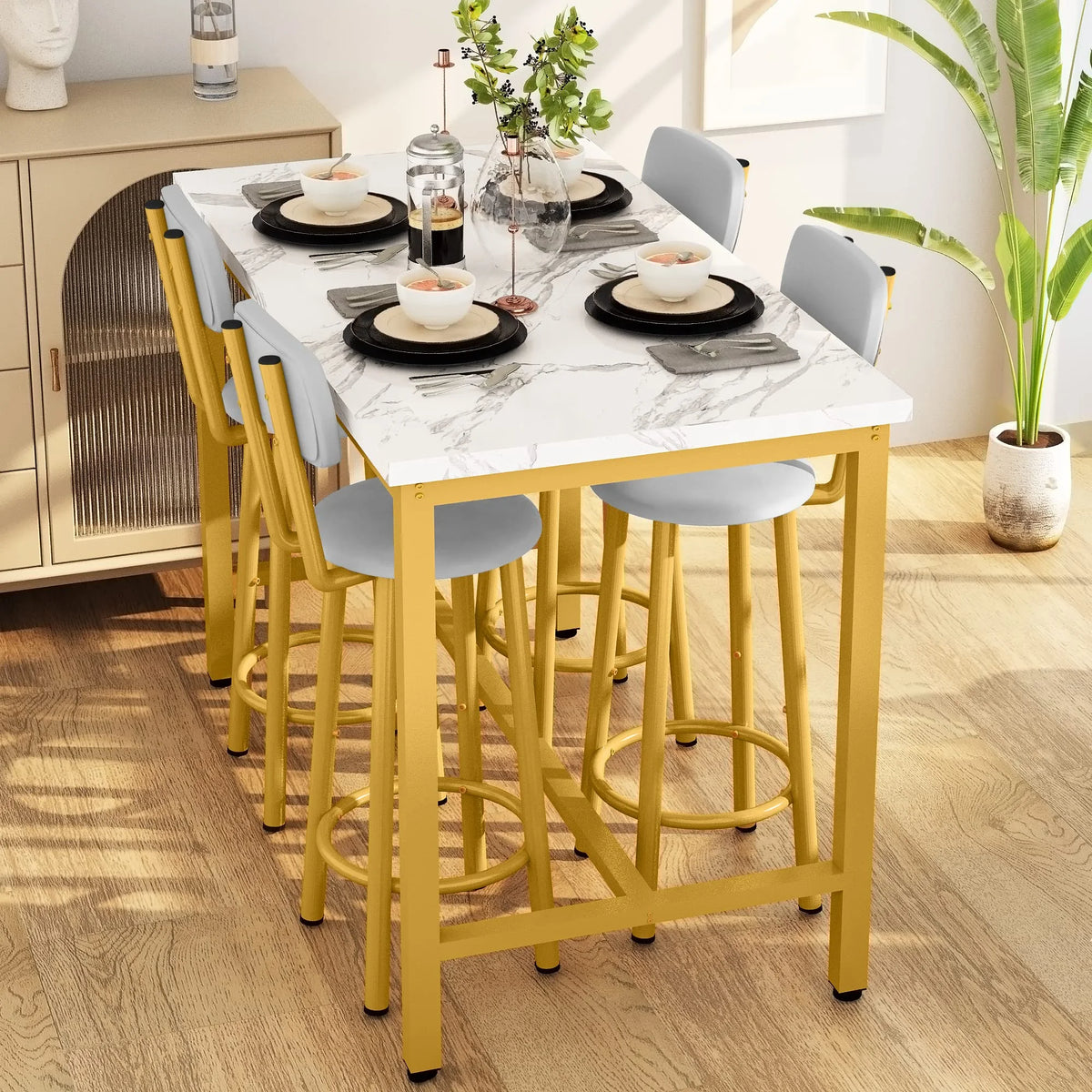 Faux Marble Counter Height Dining Table Set with 4 PU Upholstered Stools J8575
