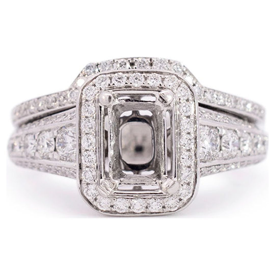 18K White Gold Rectangle Halo Diamond Engagement Ring L49496