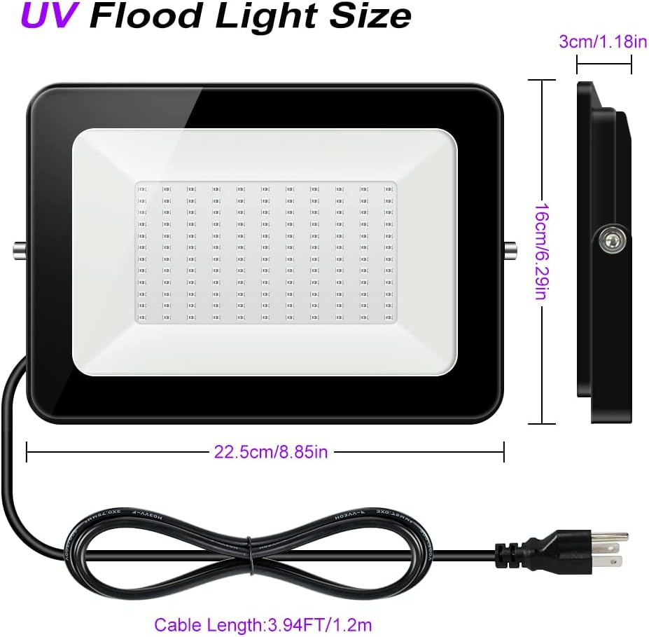 2 Pack 60W UV Flood Black Light, IP67 Waterproof LED Black Lights, 395nm-405nm Blacklight with 3.9ft Cable and Plug S437