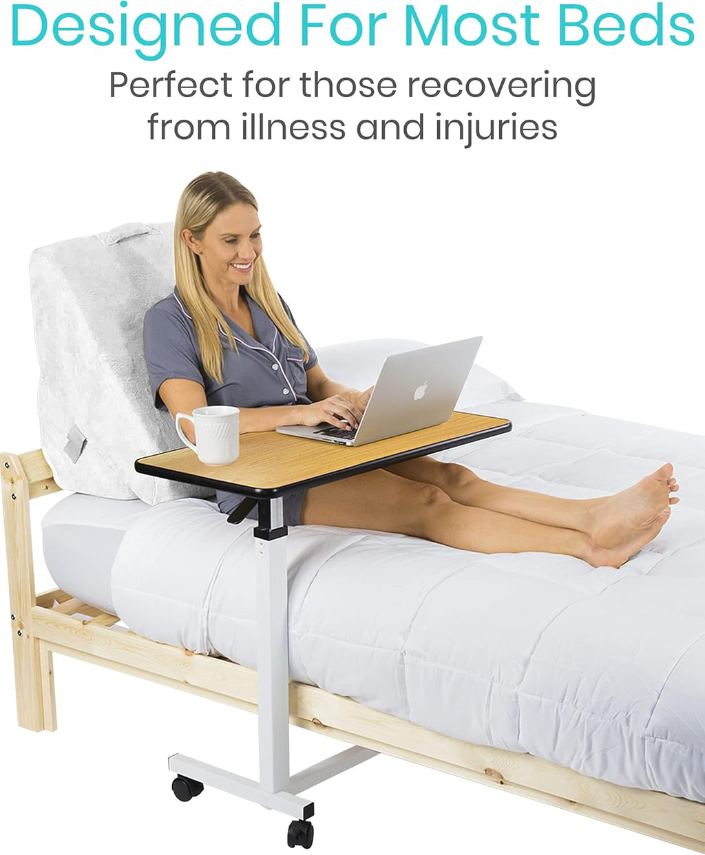 Overbed Table with Swivel Wheel Rolling Tray Adjustable Over Bedside Home Desk Q56979