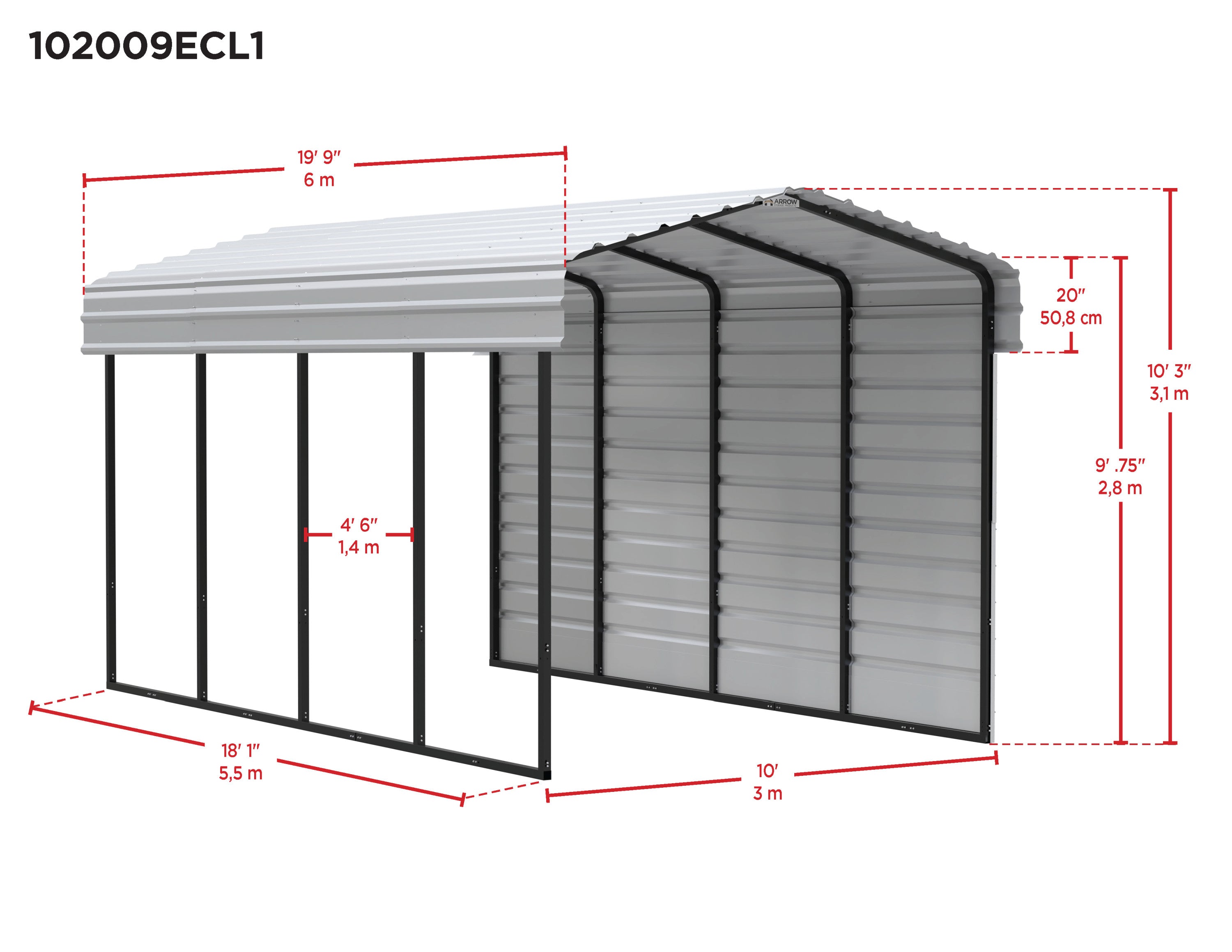 Galvanized Steel Carport Kit, 10' x 20' x 9' H811