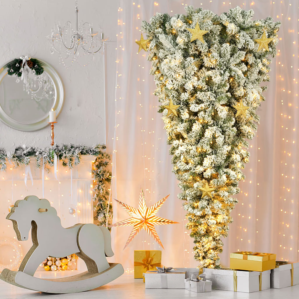 Pre-lit 6FT Hinged Snow Flocked Artificial Christmas Tree with 360 LED Lights and 8 Golden Stars F1813