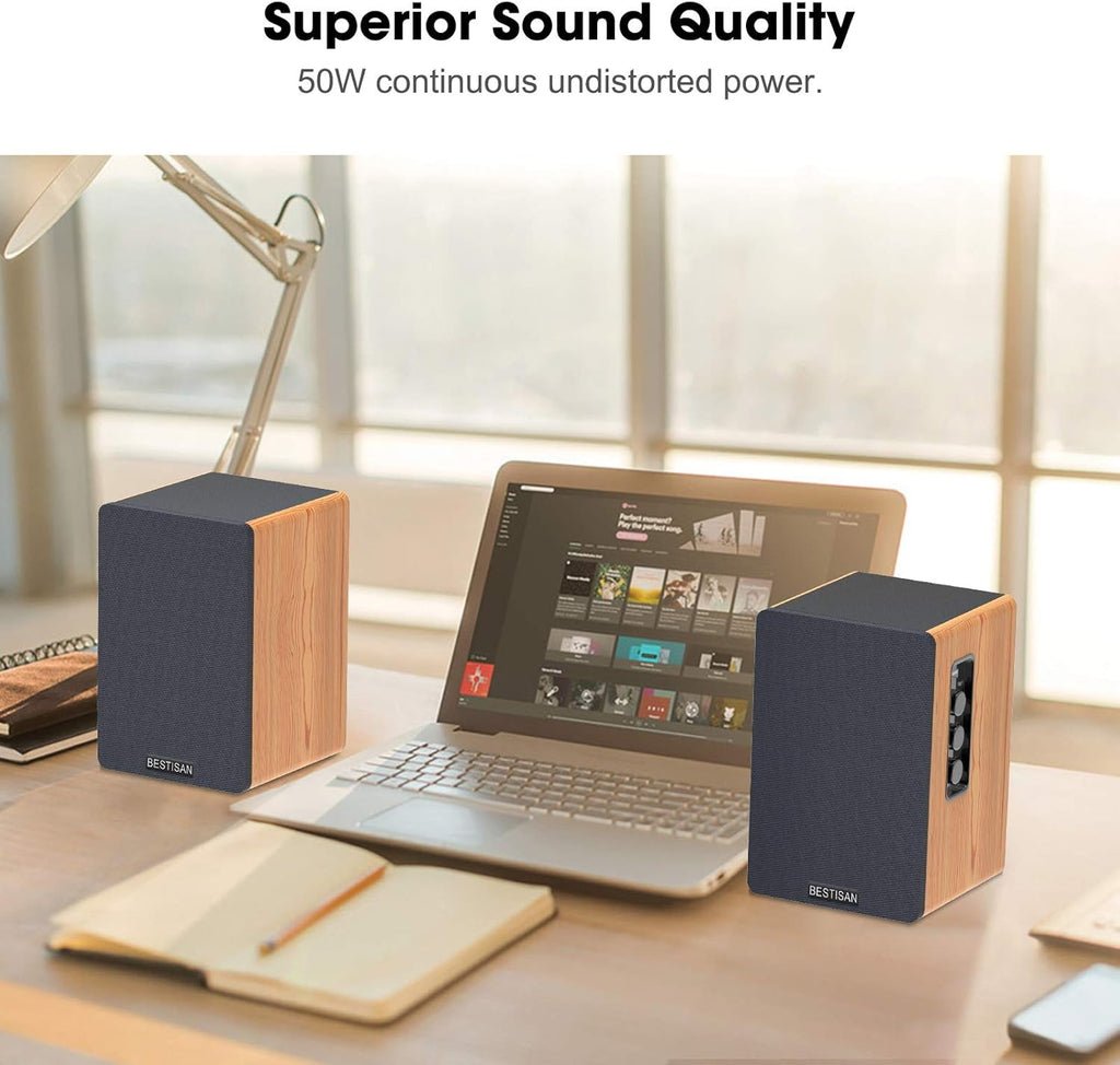 Wood Grain 4 Inch Powered Bluetooth Bookshelf Speakers I288