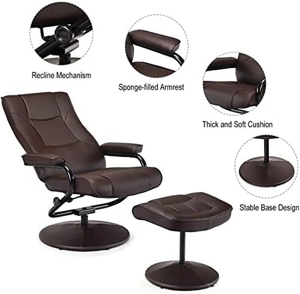 Brown PU Leather Swivel Recliner Chair with Footrest Ottoman Set H74736