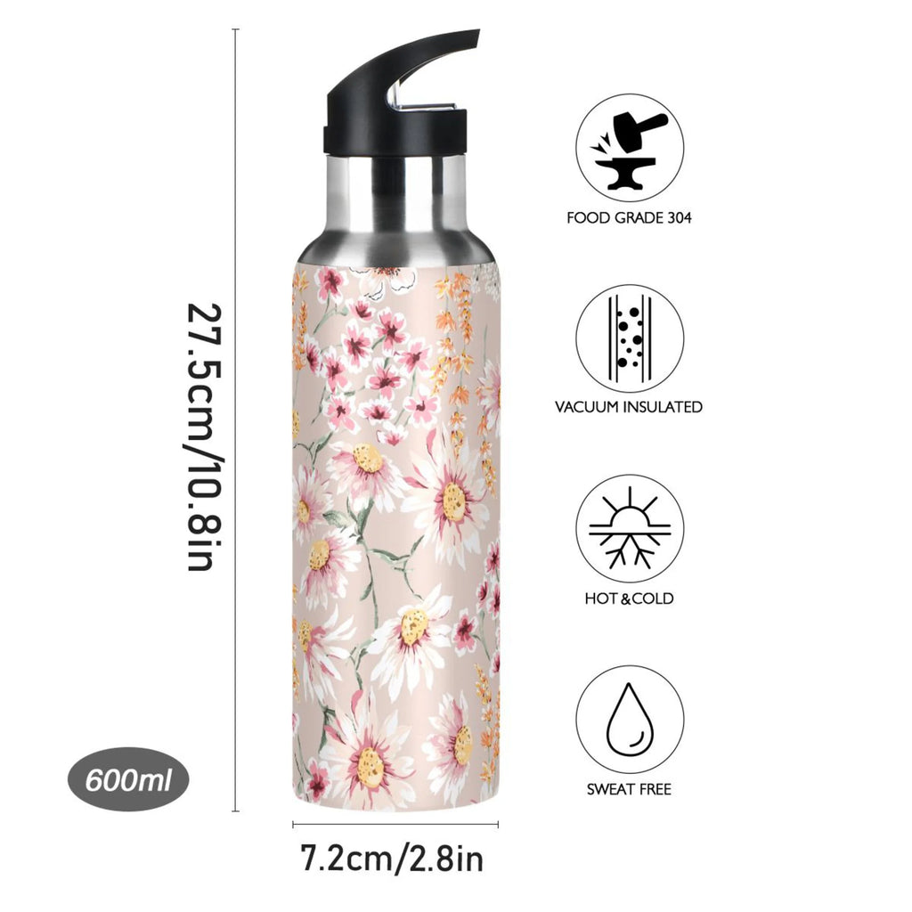 Pink Floral Stainless Steel Insulated Water Bottle with Straw Lid T66847