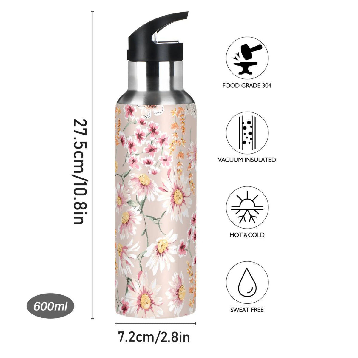 Pink Floral Stainless Steel Insulated Water Bottle with Straw Lid T66847