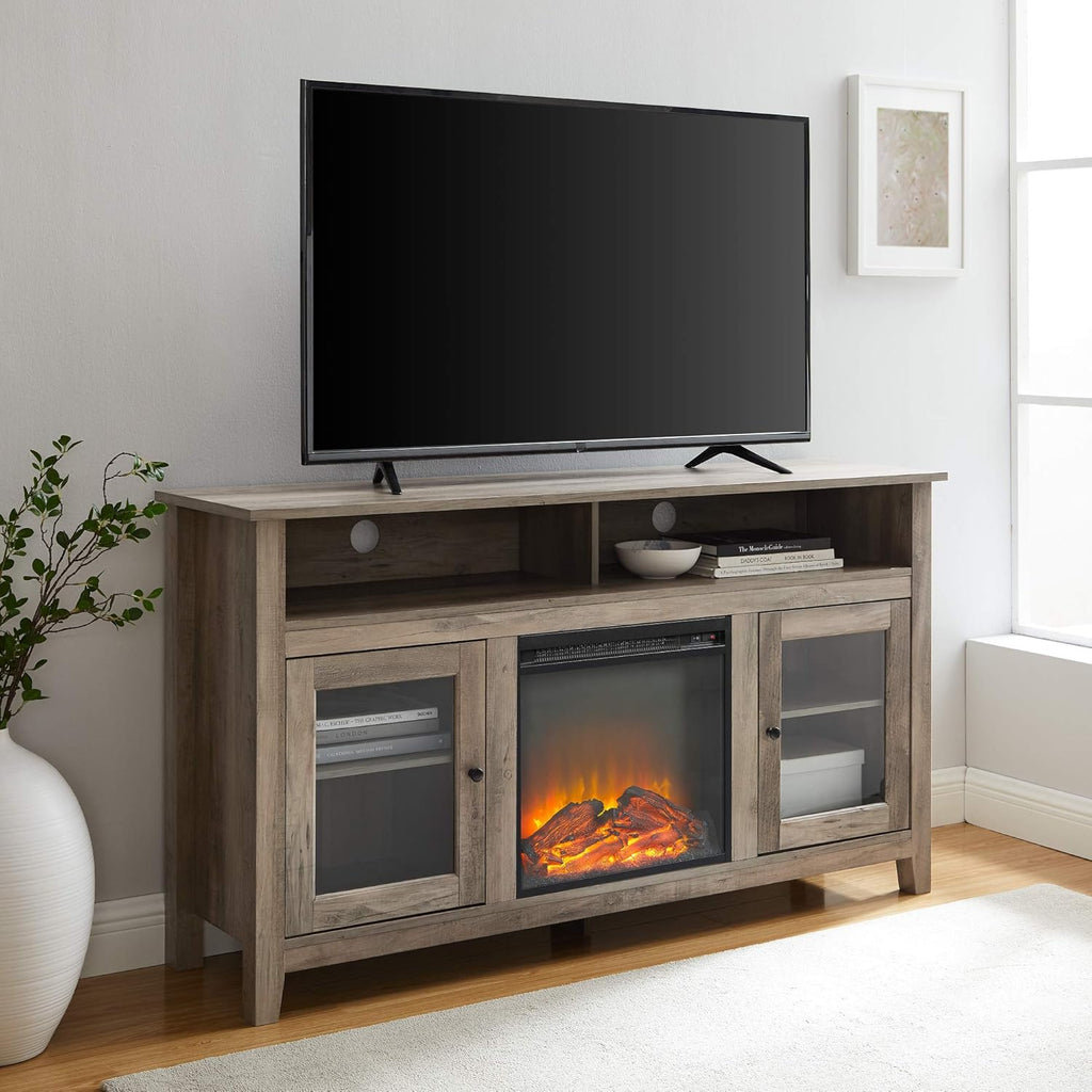 Black 58 Inch Wood and Glass Fireplace TV Stand O48534