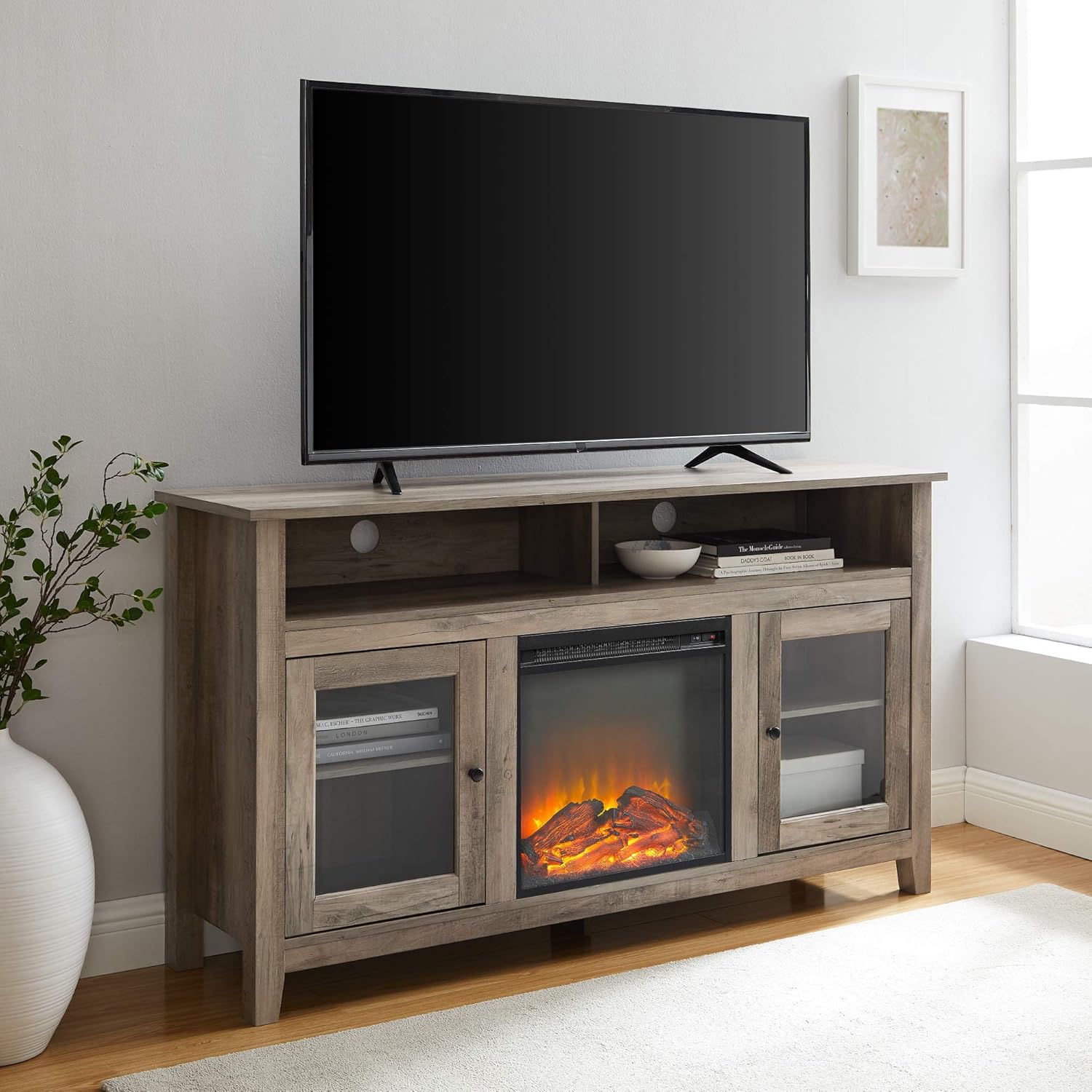 Black 58 Inch Wood and Glass Fireplace TV Stand O48534