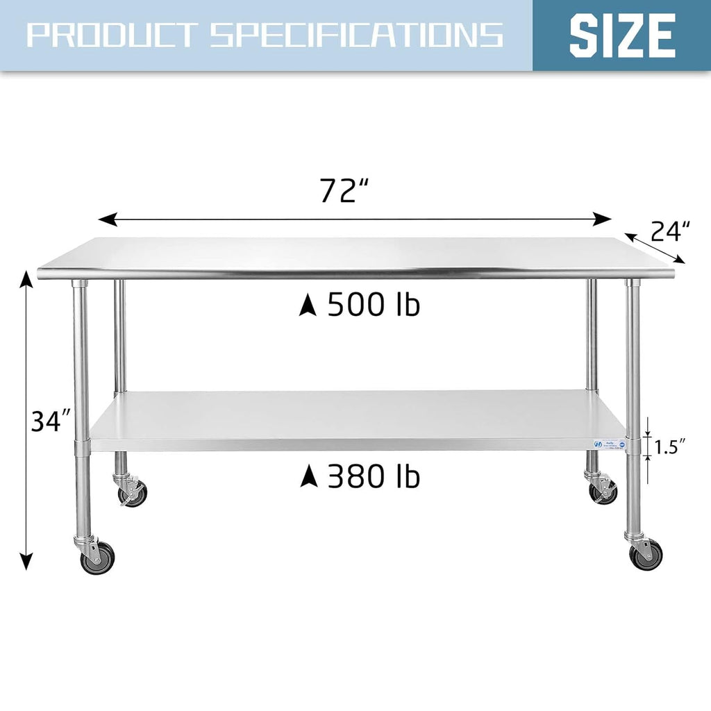 Stainless Steel Table 24 x 72 Inches with Caster Wheels and Undershelf Q5762