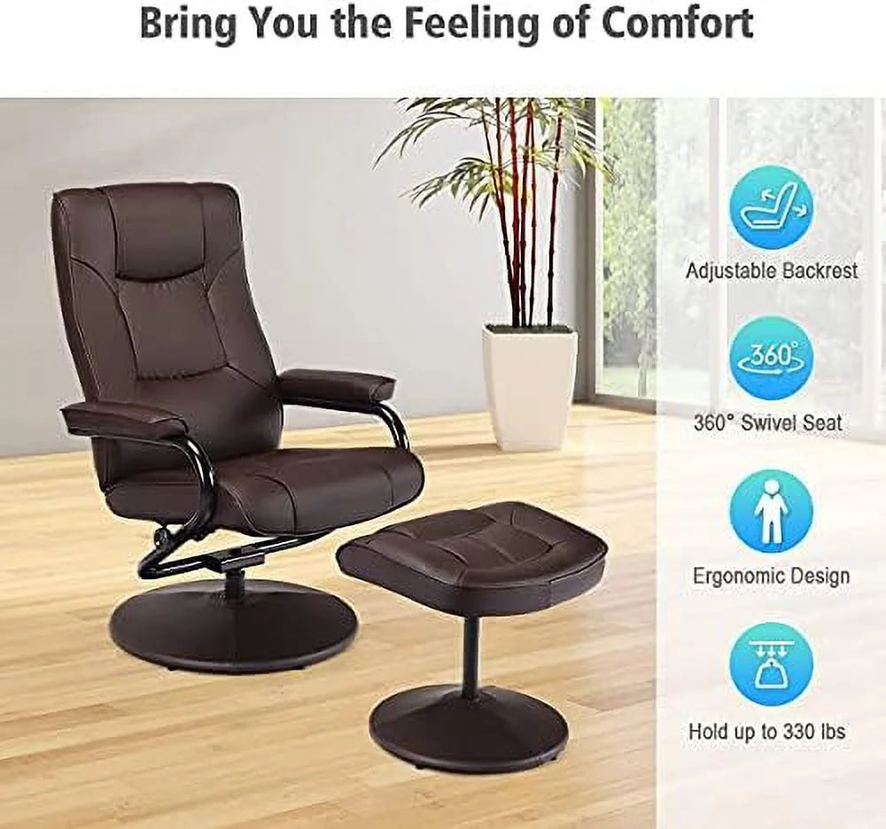 Brown PU Leather Swivel Recliner Chair with Footrest Ottoman Set H74736