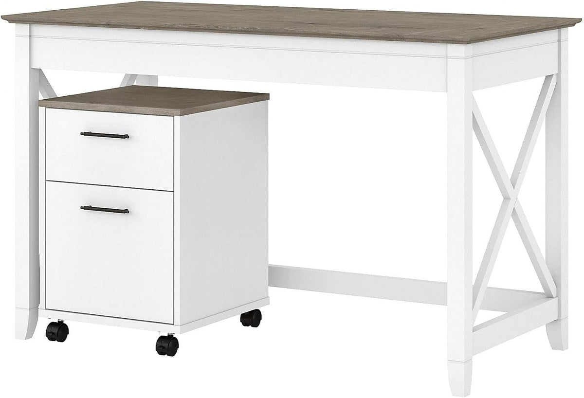 Pure White and Shiplap Gray Writing Desk with 2 Drawer Mobile File Cabinet M562076