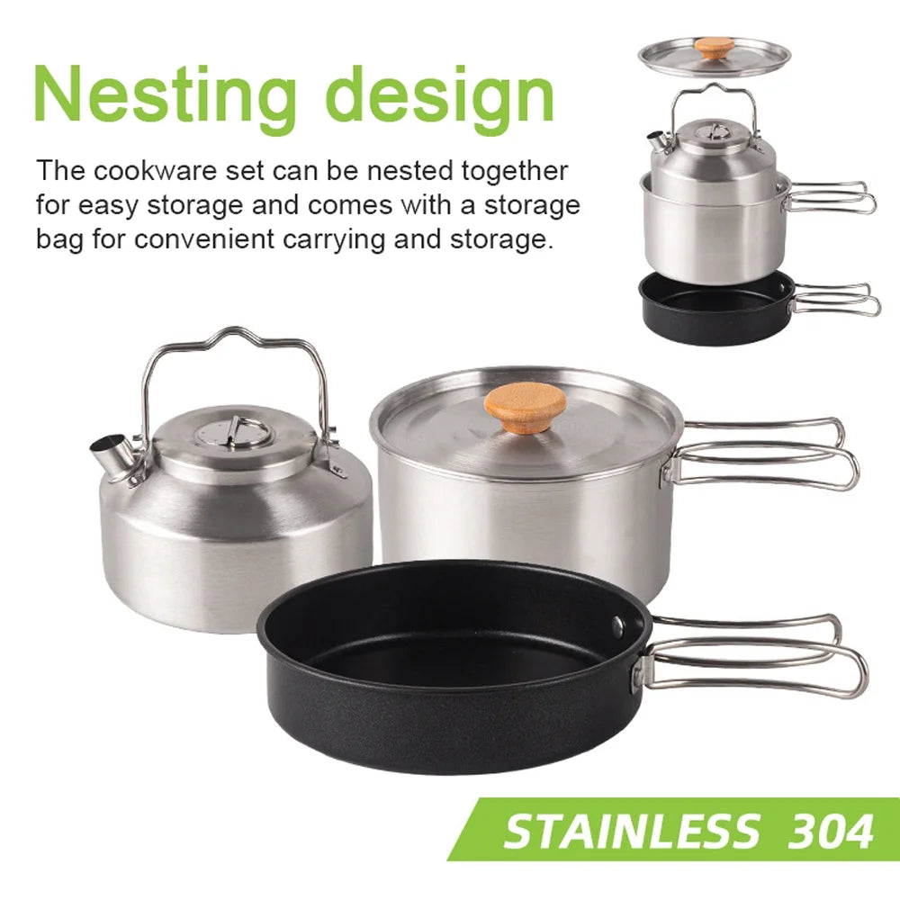 Stainless Steel Camping Cookware Set with Pot Frying Pan Kettle U179270