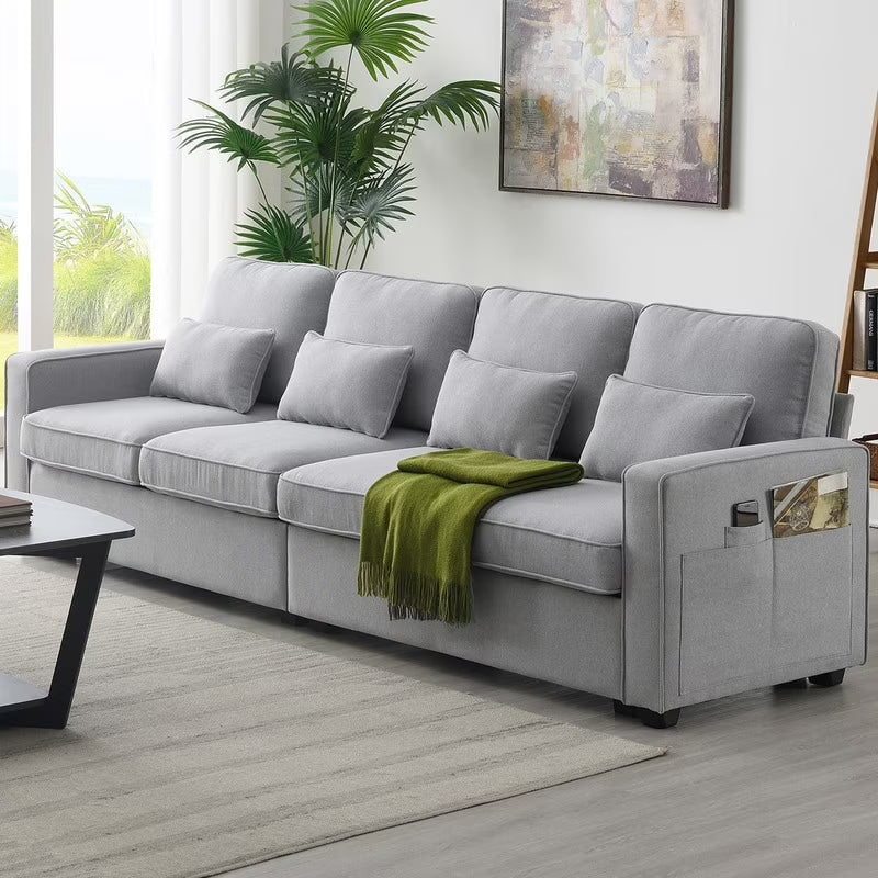 Modern 104" 4-Seater Linen Fabric Sofa with 4 Pillows Light Grey J2778