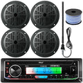 16-25& Bay Boat Single DIN Bluetooth Marine Stereo Receiver Bundle Combo with 4X 5.25&& 100 Watt Black Waterproof Marine SP M153