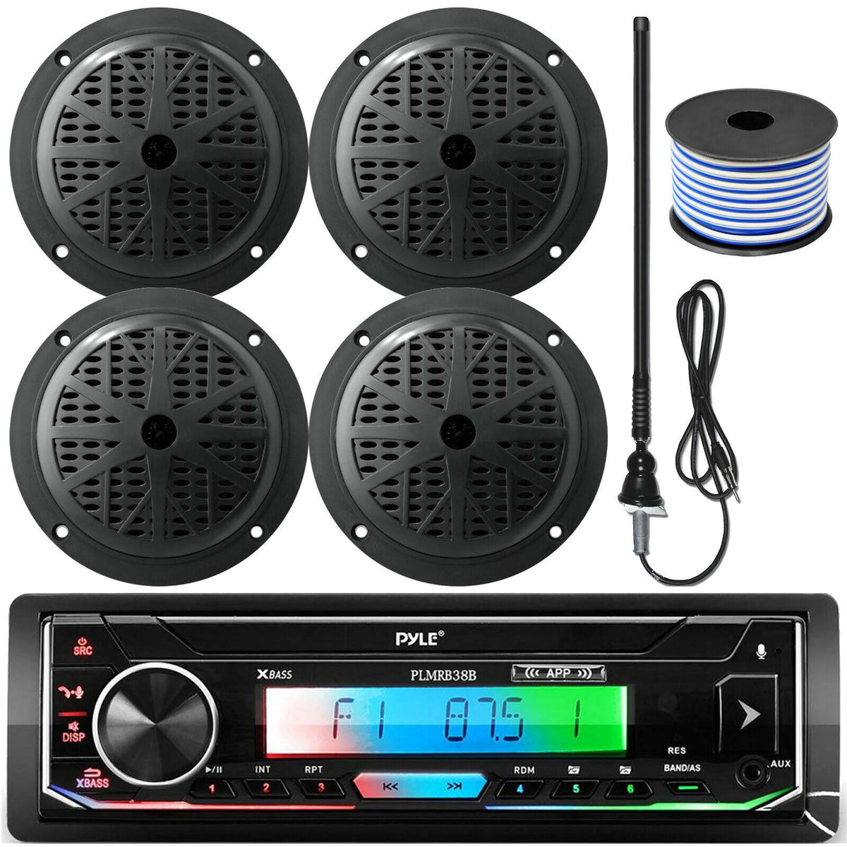 16-25& Bay Boat Single DIN Bluetooth Marine Stereo Receiver Bundle Combo with 4X 5.25&& 100 Watt Black Waterproof Marine SP M153