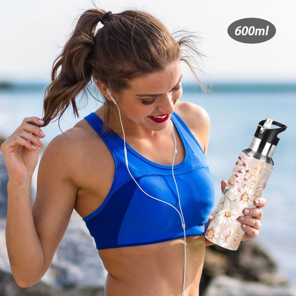 Pink Floral Stainless Steel Insulated Water Bottle with Straw Lid T66847