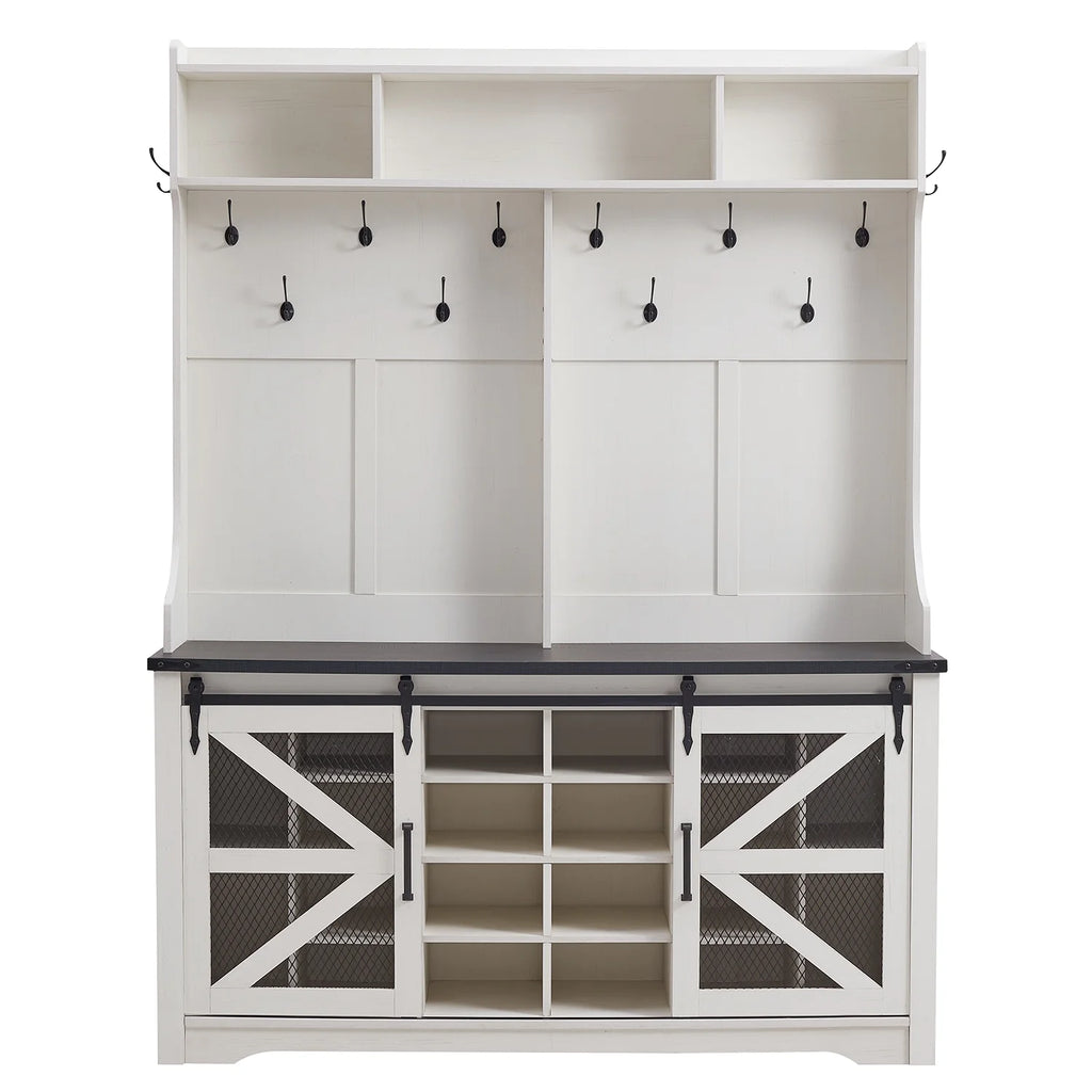 White Hall Tree with Shoe Storage Closet Double Door and Coat Rack A4751