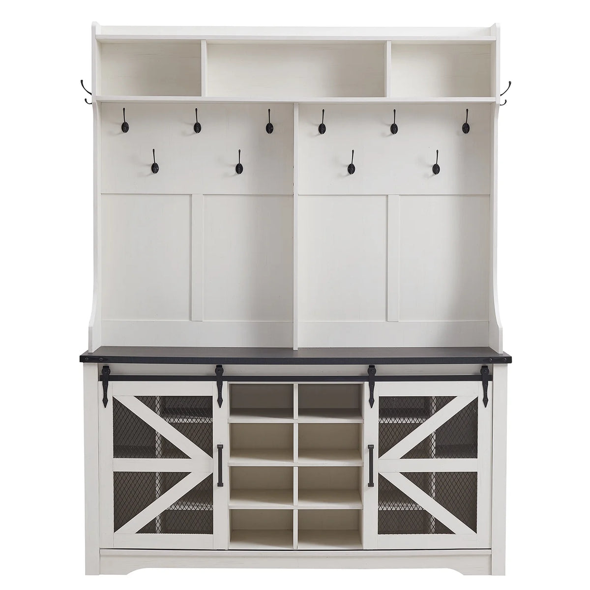 White Hall Tree with Shoe Storage Closet Double Door and Coat Rack A4751