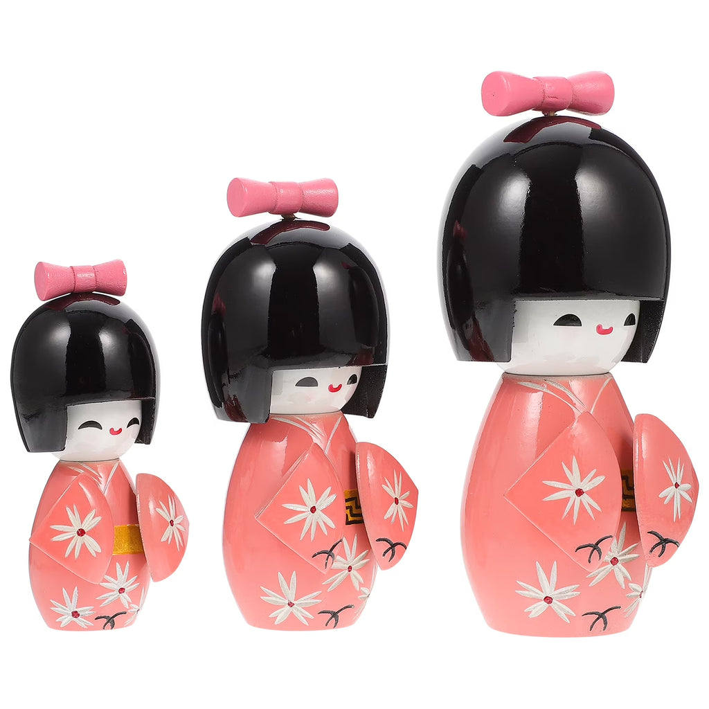 3 Pcs Wooden Japanese Kimono Doll Figurine M680150