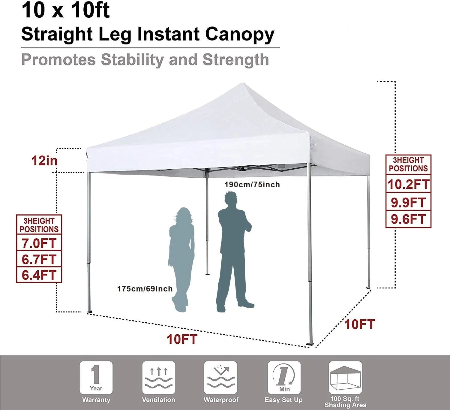 10' x 10' Instant Commercial Canopy Straight Leg Pop-up Canopy, White J31157