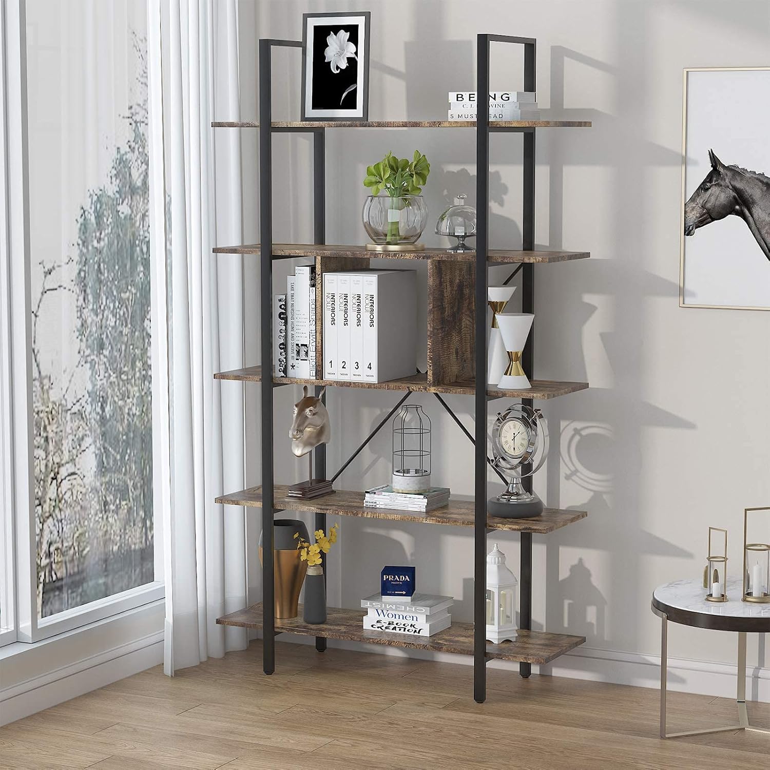 Vintage 5 Shelf Bookcase with Partition, Retro Brown F562