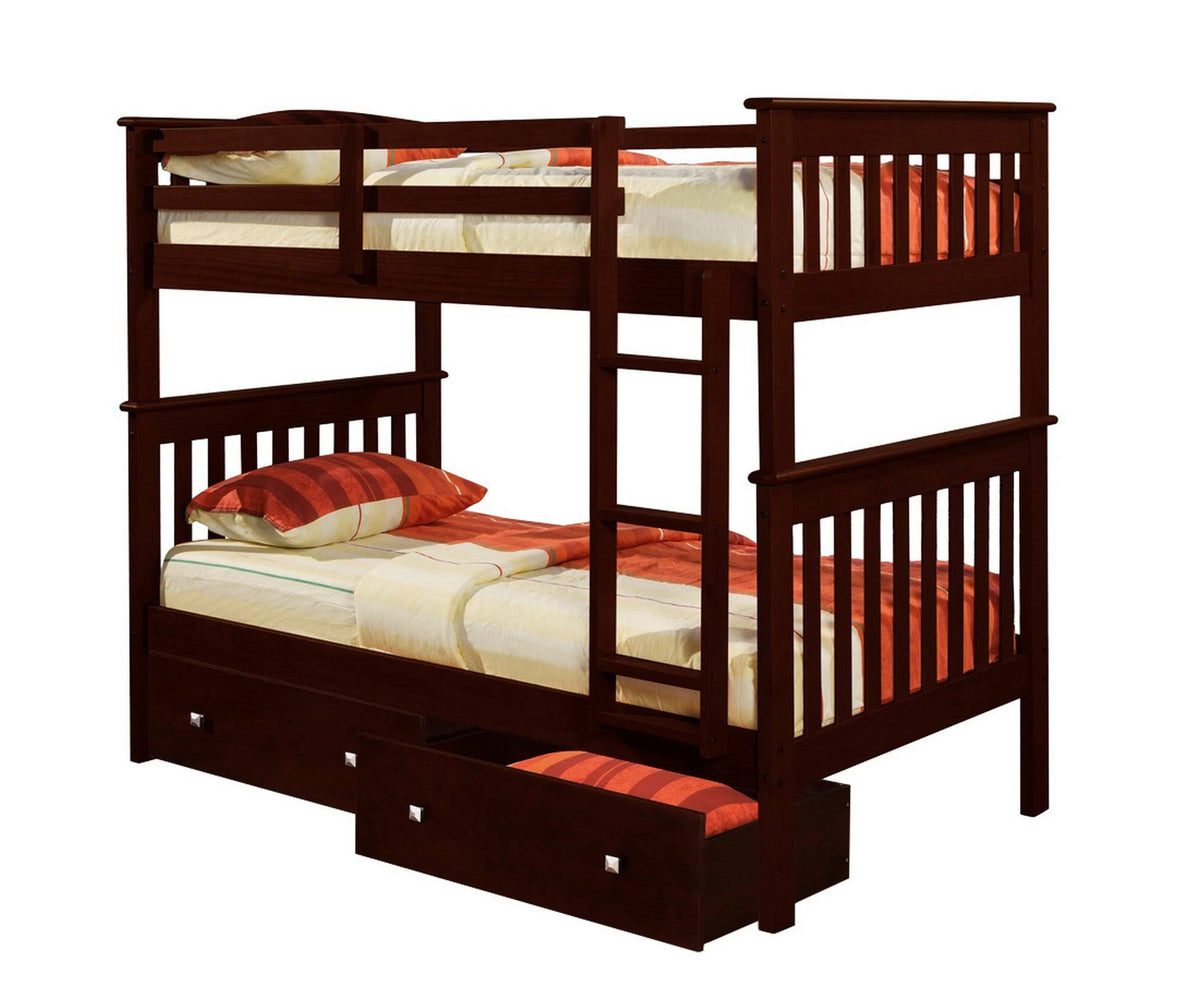 Twin/Twin Mission Bunk Bed with Under Bed Drawers Cappuccino Finish X831