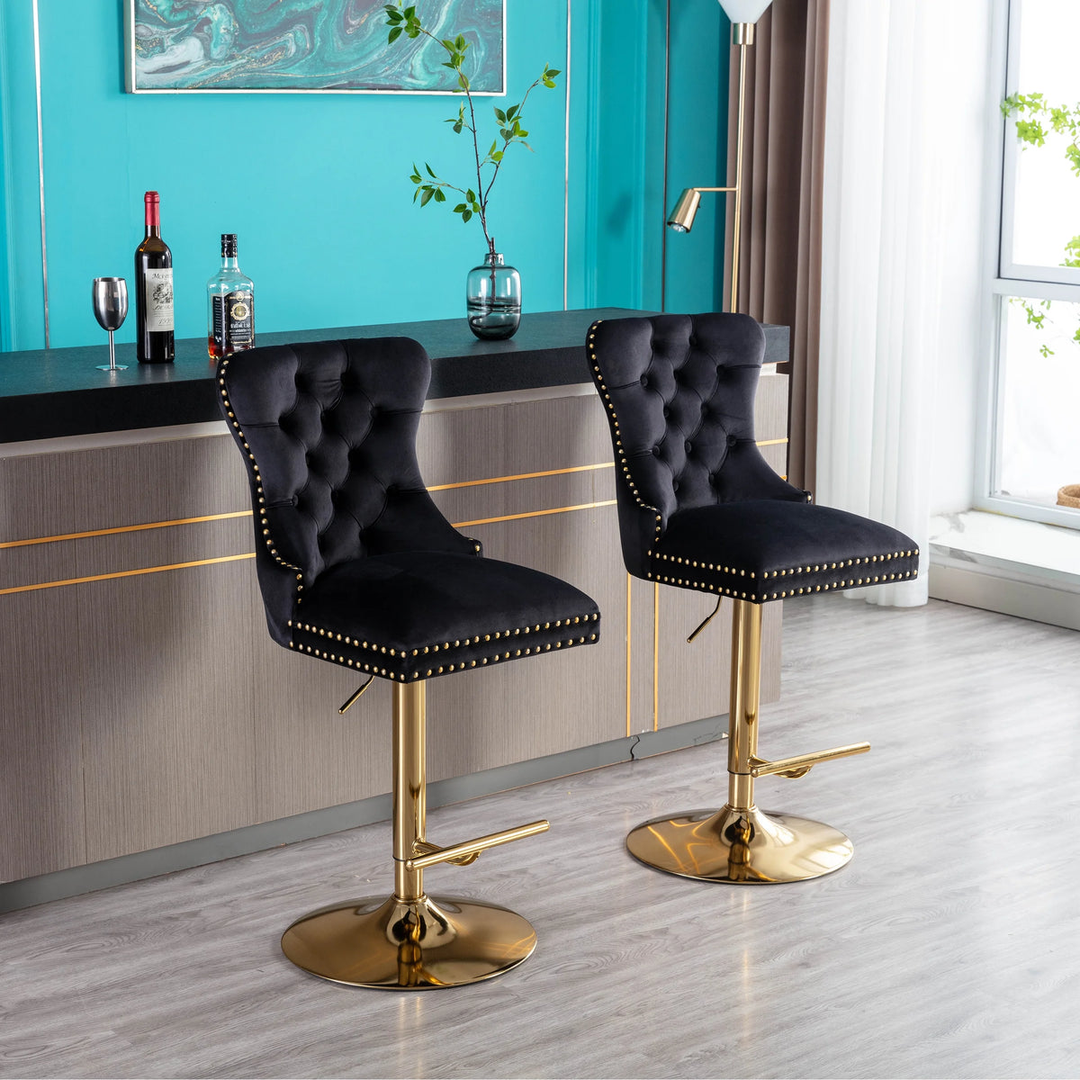 Black Velvet Adjustable Counter Height Bar Stools Set of 2 Y26163