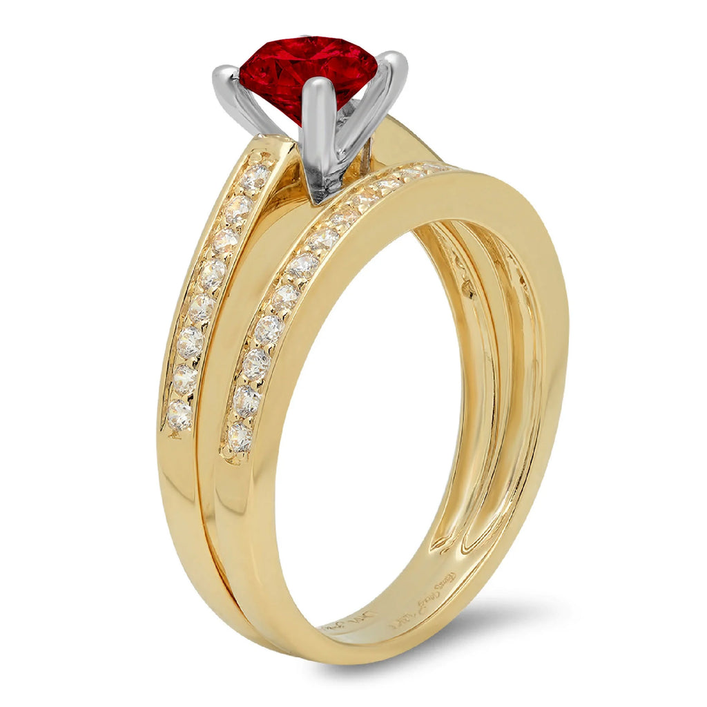 0.85 ct Round Cut Red Natural Garnet 18k Yellow White Gold Ring Band Set Size 3.5 L223