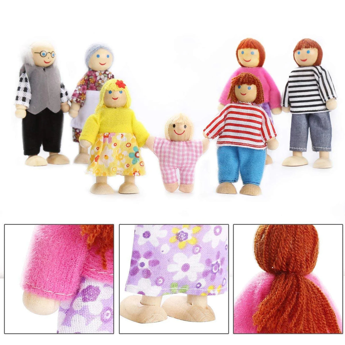 Wooden Dolls Playset Set of 7 People with Dog B7254