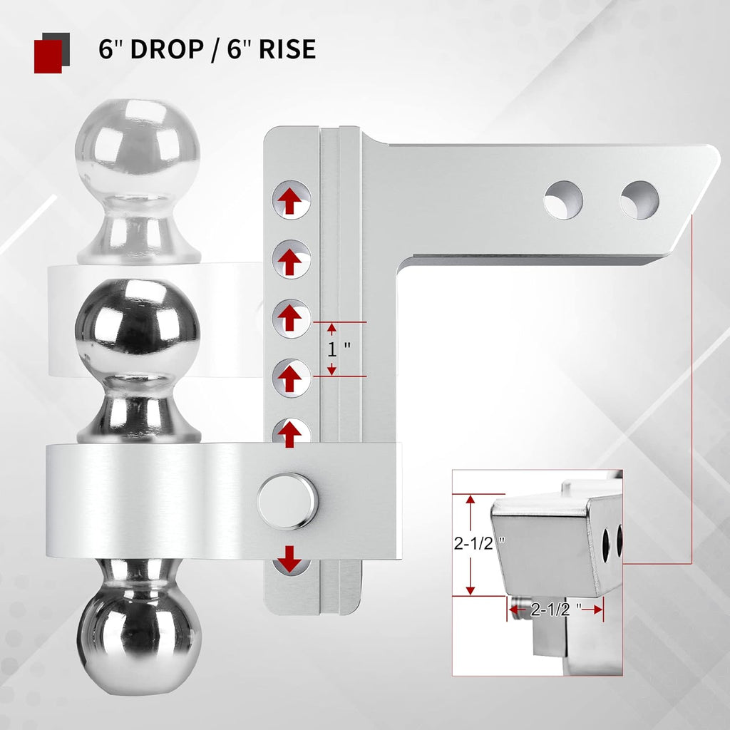 Adjustable Trailer Hitch Ball Mount, 2.5-Inch Receiver, 6-Inch Drop, Forged Aluminum Shank, 2-Inch and 2-5/16-Inch Combo Stainless Steel Tow Balls with Double Pin Key Locks N870