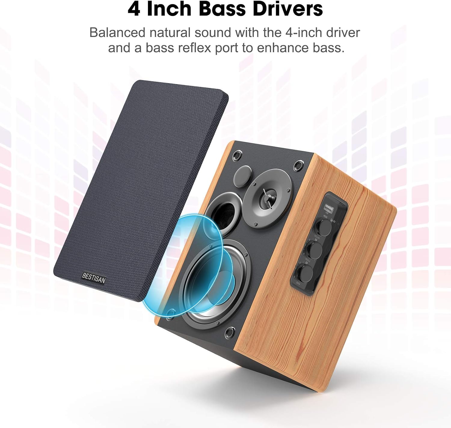 Wood Grain 4 Inch Powered Bluetooth Bookshelf Speakers I288