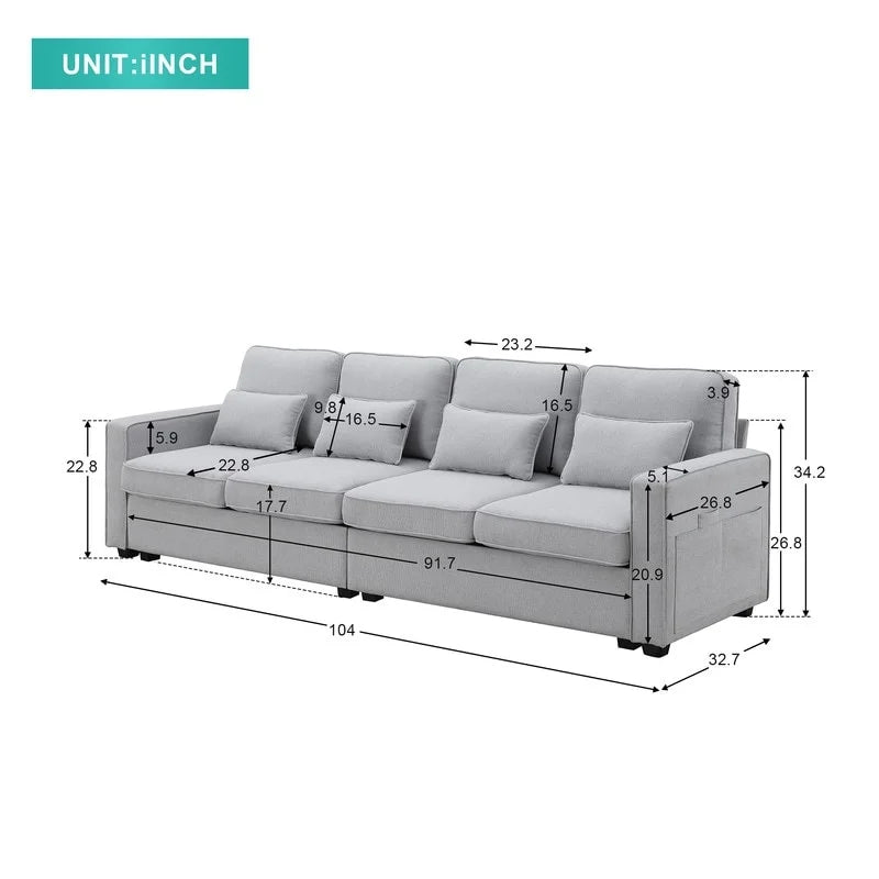 Modern 104" 4-Seater Linen Fabric Sofa with 4 Pillows Light Grey J2778