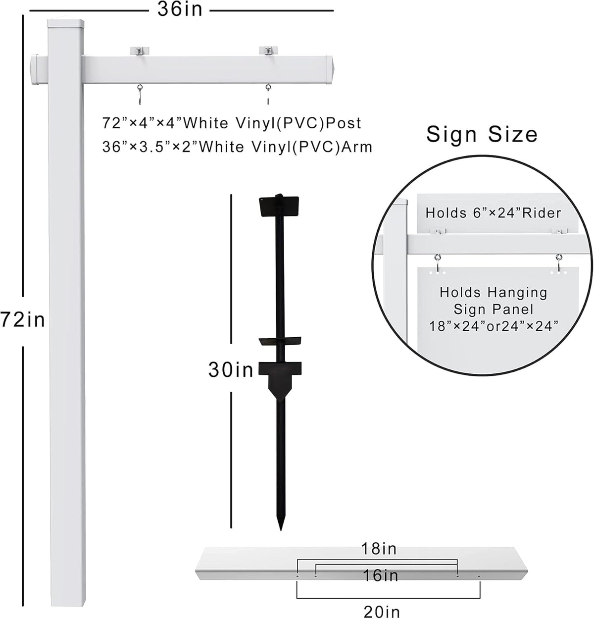 Vinyl PVC Real Estate Sign Post with Flat Cap 6' Tall, 36 Arm Holds Up to 24 Sign, White D6404