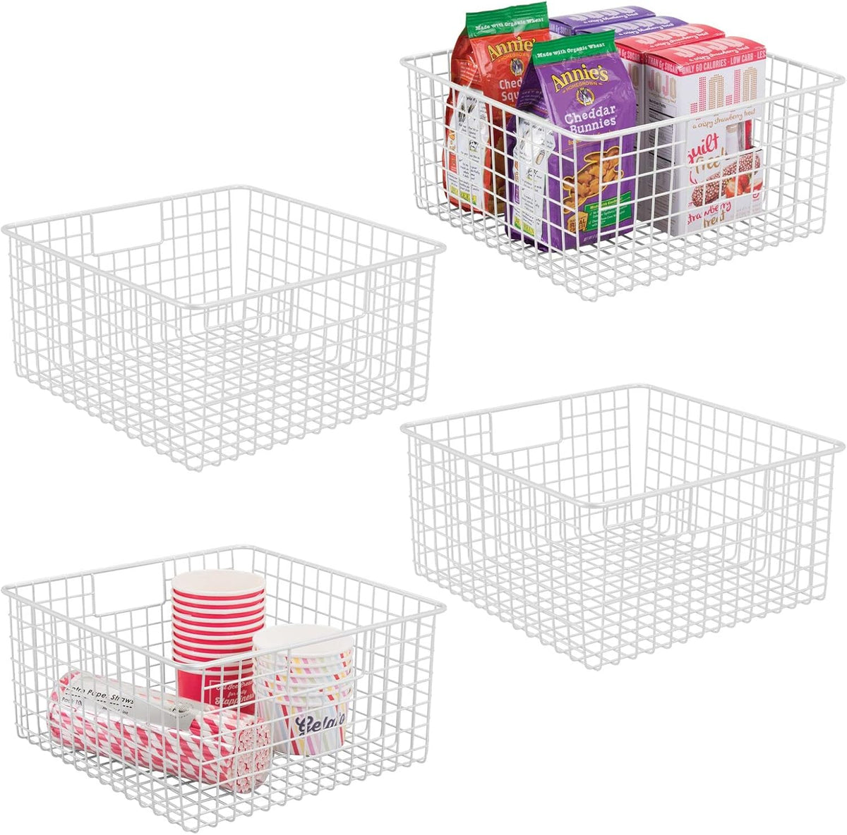 Metal Wire Food Organizer Storage Bin Baskets with Handles, 4 Pack White E53167