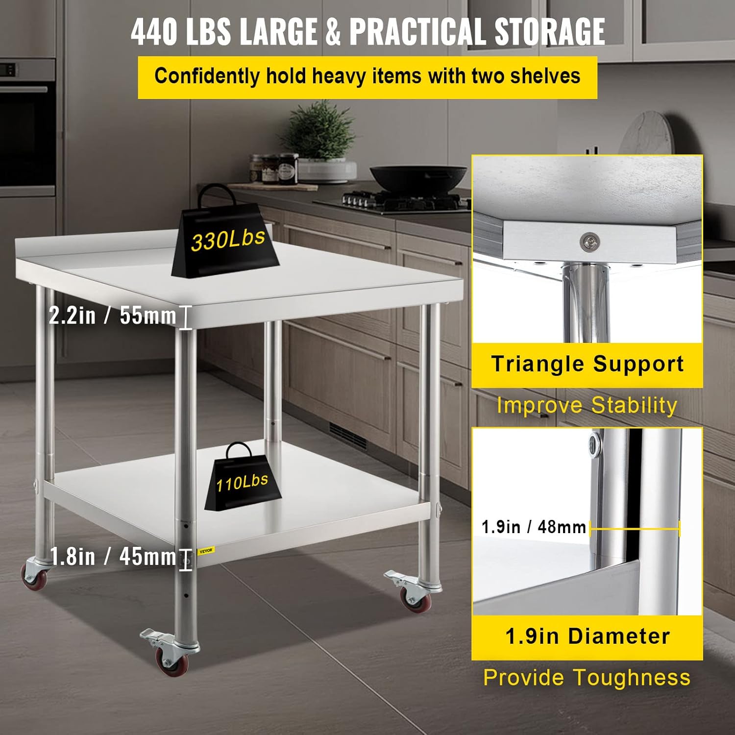 Stainless Steel Prep Table, 30 x 24 x 35 Inch, 440lbs Load Capacity, with Backsplash, Adjustable Undershelf & 4 Casters W399