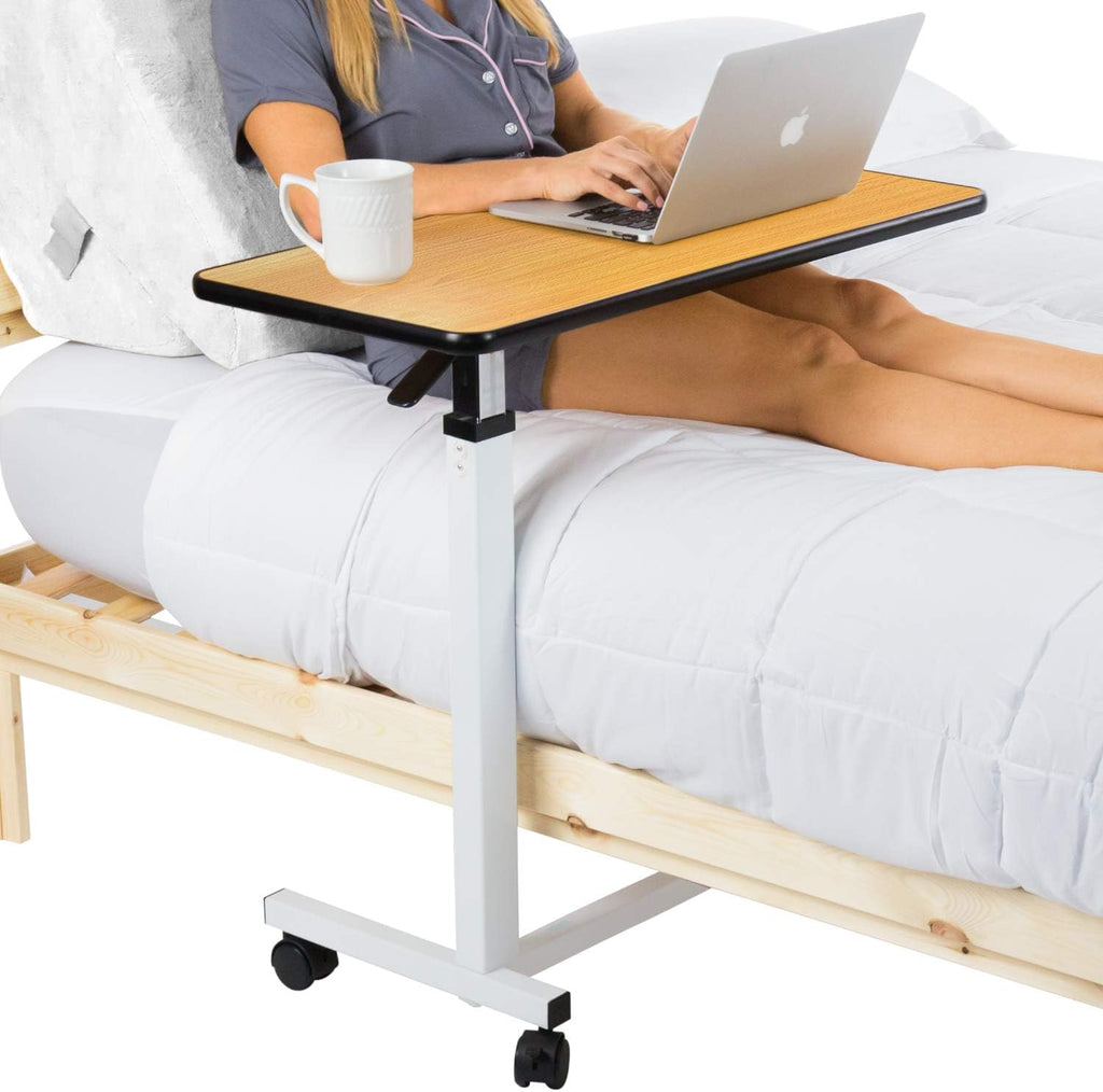 Overbed Table with Swivel Wheel Rolling Tray Adjustable Over Bedside Home Desk Q56979