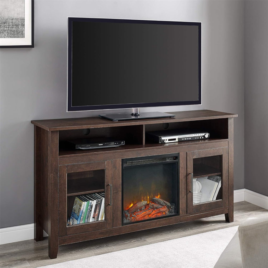 Black 58 Inch Wood and Glass Fireplace TV Stand O48534