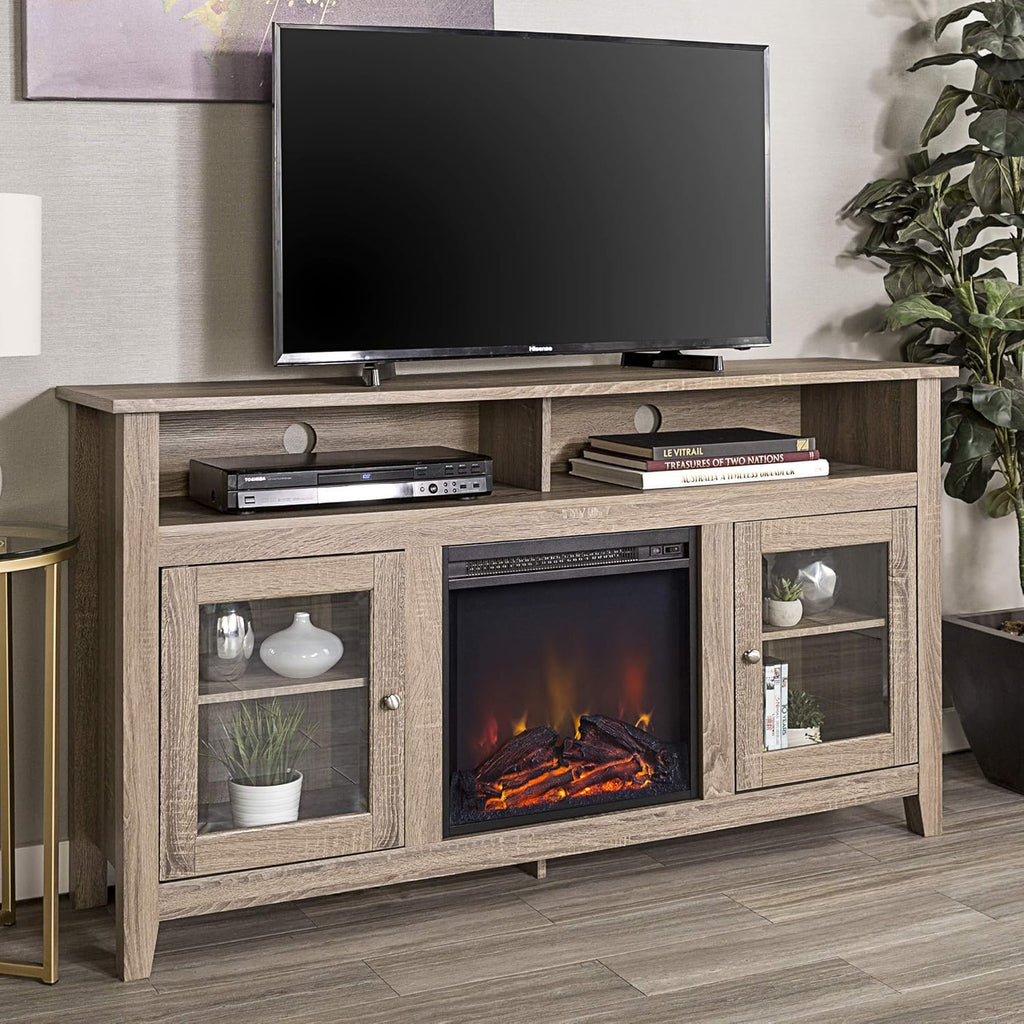 Black 58 Inch Wood and Glass Fireplace TV Stand O48534
