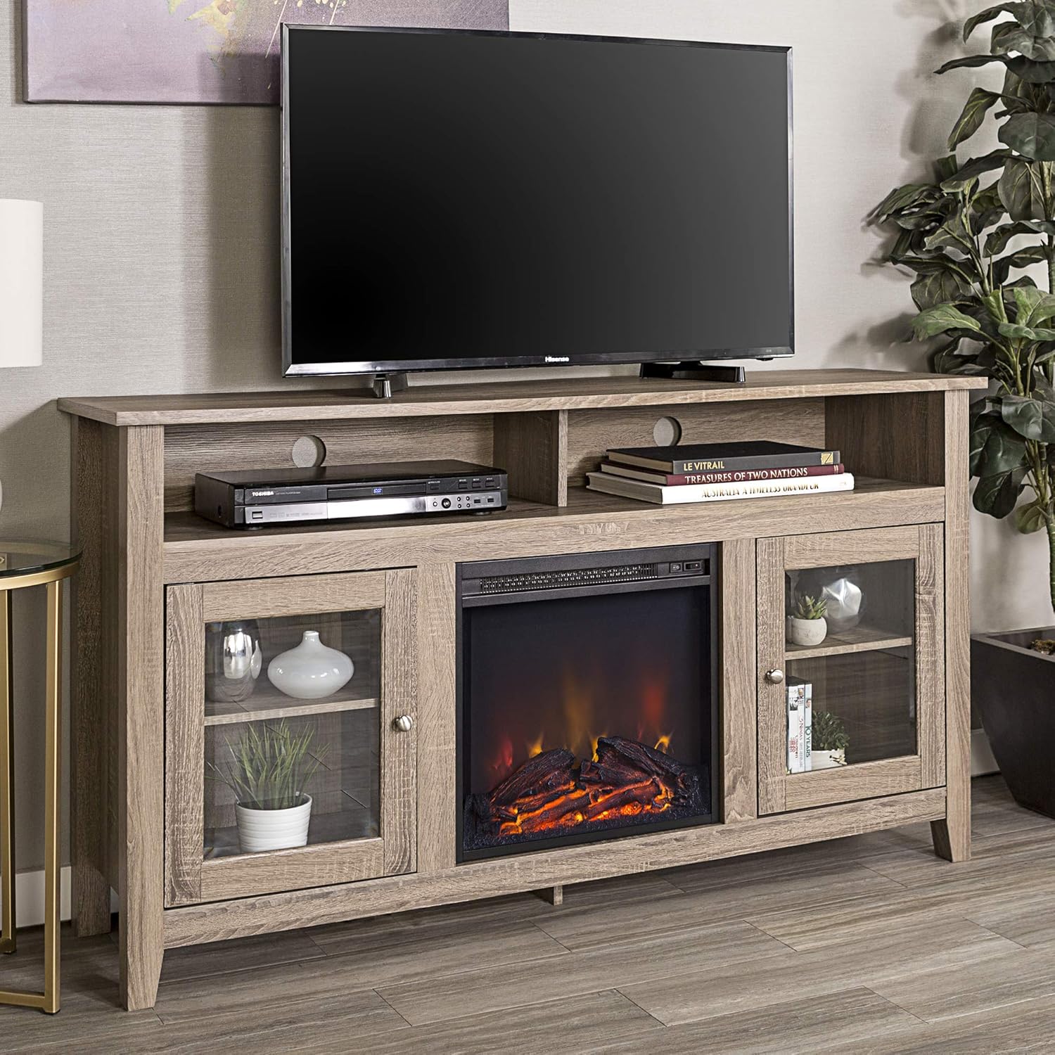 Black 58 Inch Wood and Glass Fireplace TV Stand O48534